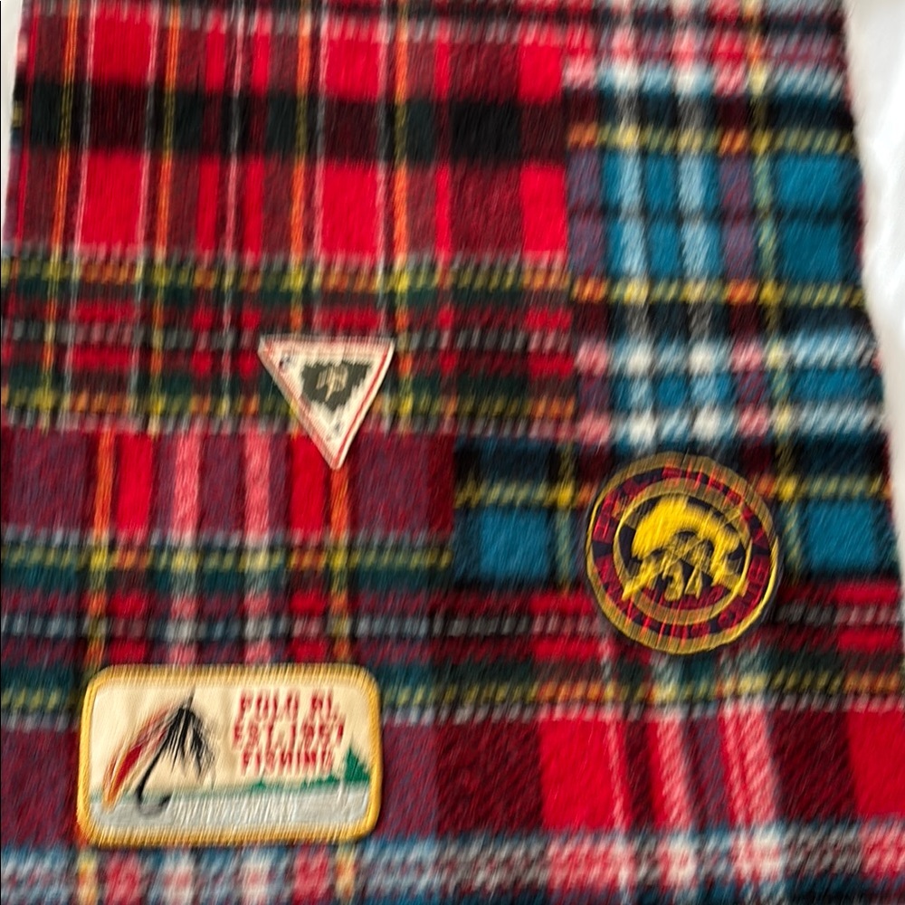 Polo Ralph ITALY Lauren Red Blue WOOL BLEND Plaid FISHING HUNTING PATCHES SCARF - Picture 12 of 12
